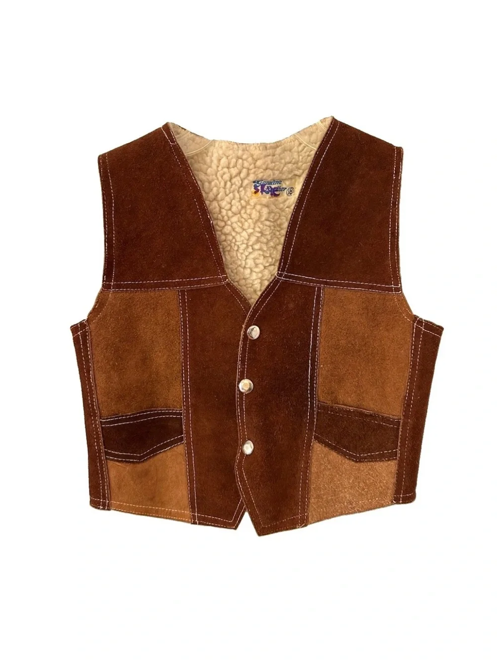 Vintage 70s Kids Suede Leather Sherpa Vest Western Patchwork Mexico Sz 18 M/L